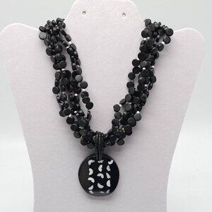Black Multi-Strand Wood Bead Necklace Shell-Inlaid Pendant By Chicos